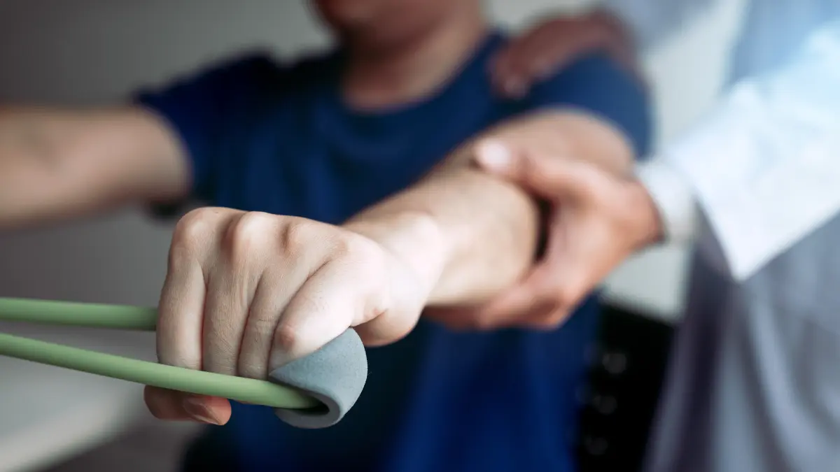 Älterer Patient bei Physiotherapie-Übung mit grünem Widerstandsband unter Anleitung eines Therapeuten