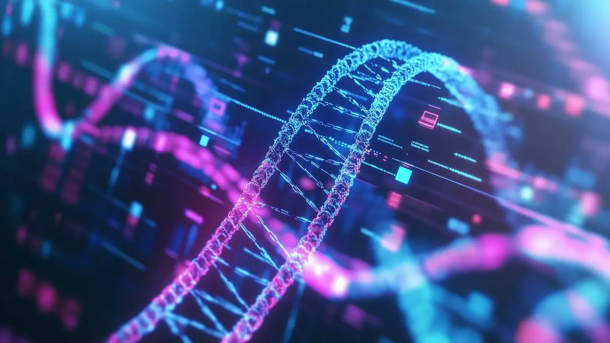 Digitale DNA-Doppelhelix in Neonfarben mit Datendarstellung als Symbol fuer neue Leitlinie zur Praezisionsonkologie und genomischen Medizin