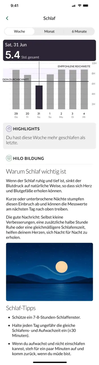Screenshot einer Schlaf-Tracking-App mit wöchentlicher Schlafdauer-Übersicht, Highlights und Schlaf-Tipps zur Verbesserung der Schlafqualität