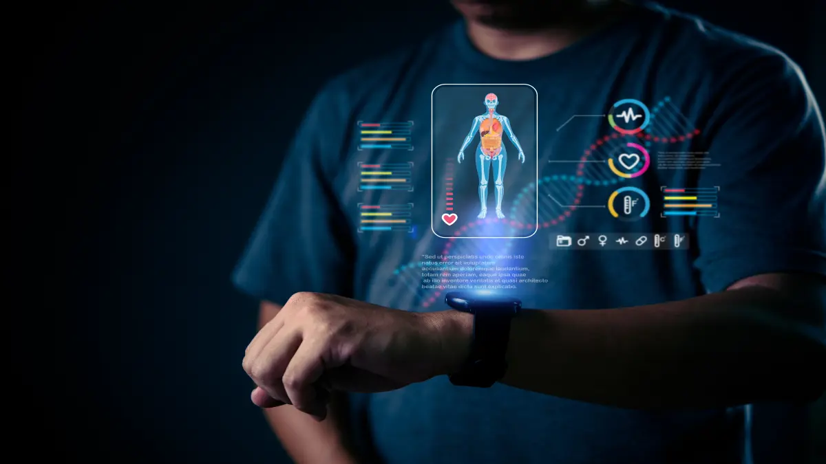 Smartwatch zeigt medizinische Gesundheitsdaten und Körperanalyse als Hologramm an, Wearable-Technologie für Gesundheitsüberwachung.