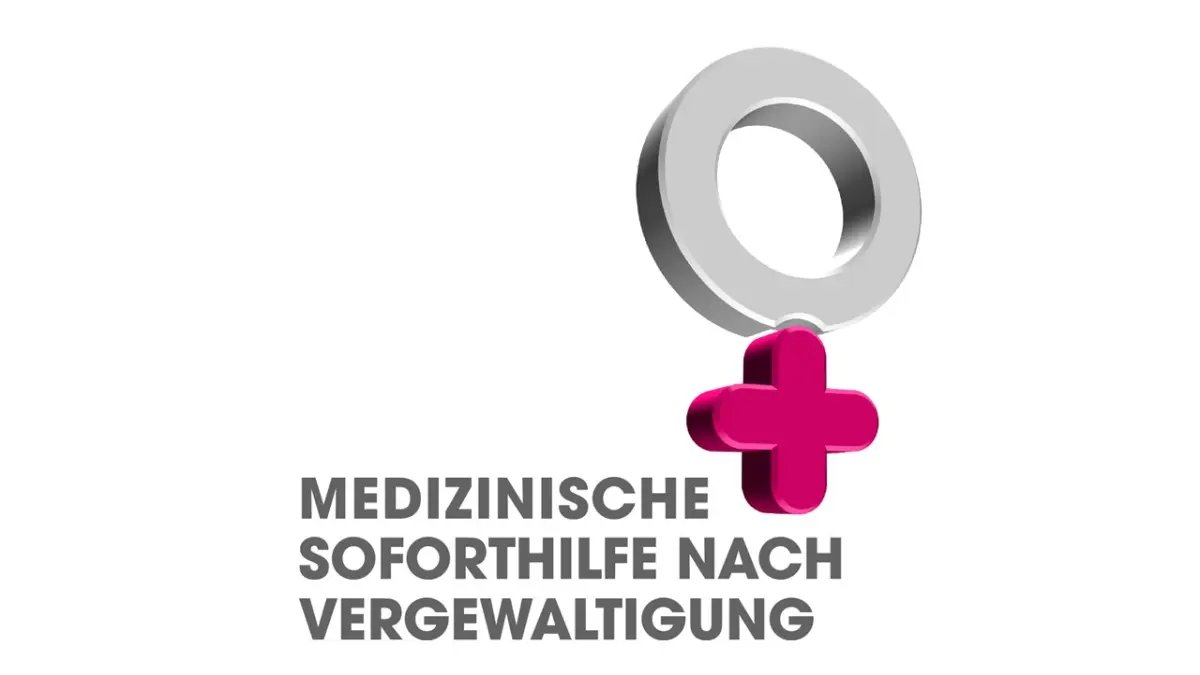 Logo mit Venuszeichen und medizinischem Kreuz, Schriftzug Medizinische Soforthilfe nach Vergewaltigung.
