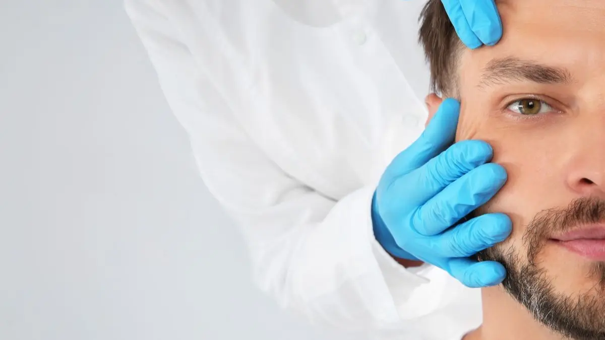 Arzt mit blauen Handschuhen untersucht Gesicht eines Patienten – Fortbildungstipp Aesthetische Dermatologie