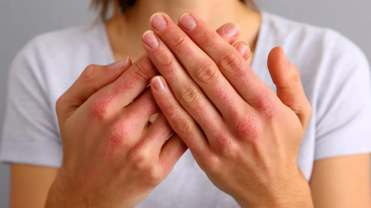 Haende mit geroeтeter rissiger Haut – klinisches Bild eines Handekzems in der Berufsdermatologie