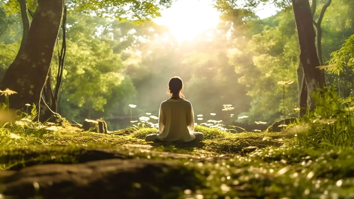 Person meditiert im Wald im Sonnenlicht – neue Kombination fuer Blasenschleimhaut und Immunsystem staerkt das Wohlbefinden