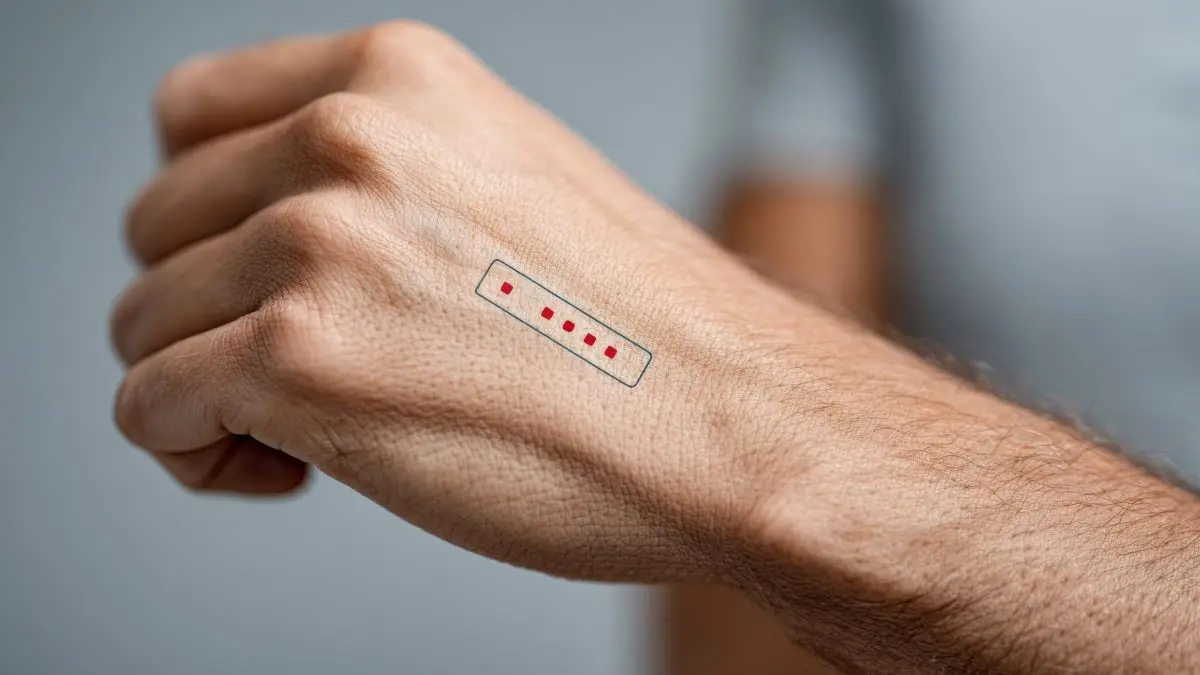 Haut mit Epikutantest-Streifen und roter Reaktion als Symbol fuer Allergietestung in der Allergologie und Infektiologie