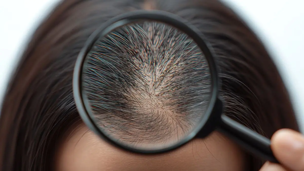 Lupe vergroessert Kopfhaut mit duennem Haar – Haardiagnostik und Trichoskopie in der Praxis