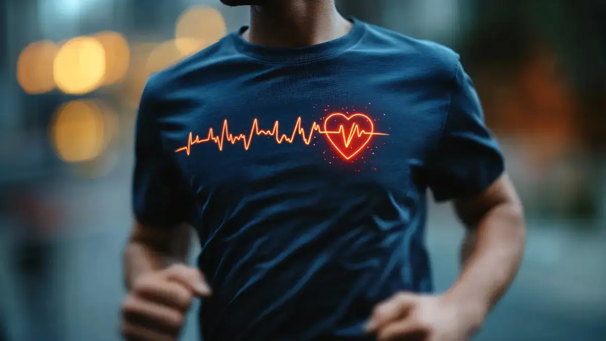 Läufer mit dunkelblauem Sport-T-Shirt mit leuchtendem Herzfrequenz-Symbol – Herzgesundheit beim Sport