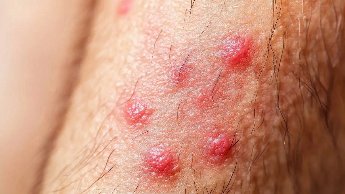 Nahaufnahme von roeten Pusteln und Hautentzuendung an einem Bein als Hinweis auf Reaktionen des Immunsystems