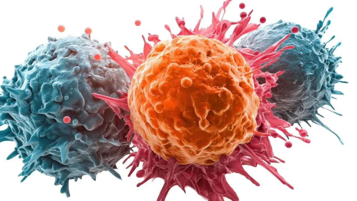 3D-Illustration von Tumor- und Immunzellen – Immuntherapie beim Ovarialkarzinom wird durch Fettgewebe beeinflusst
