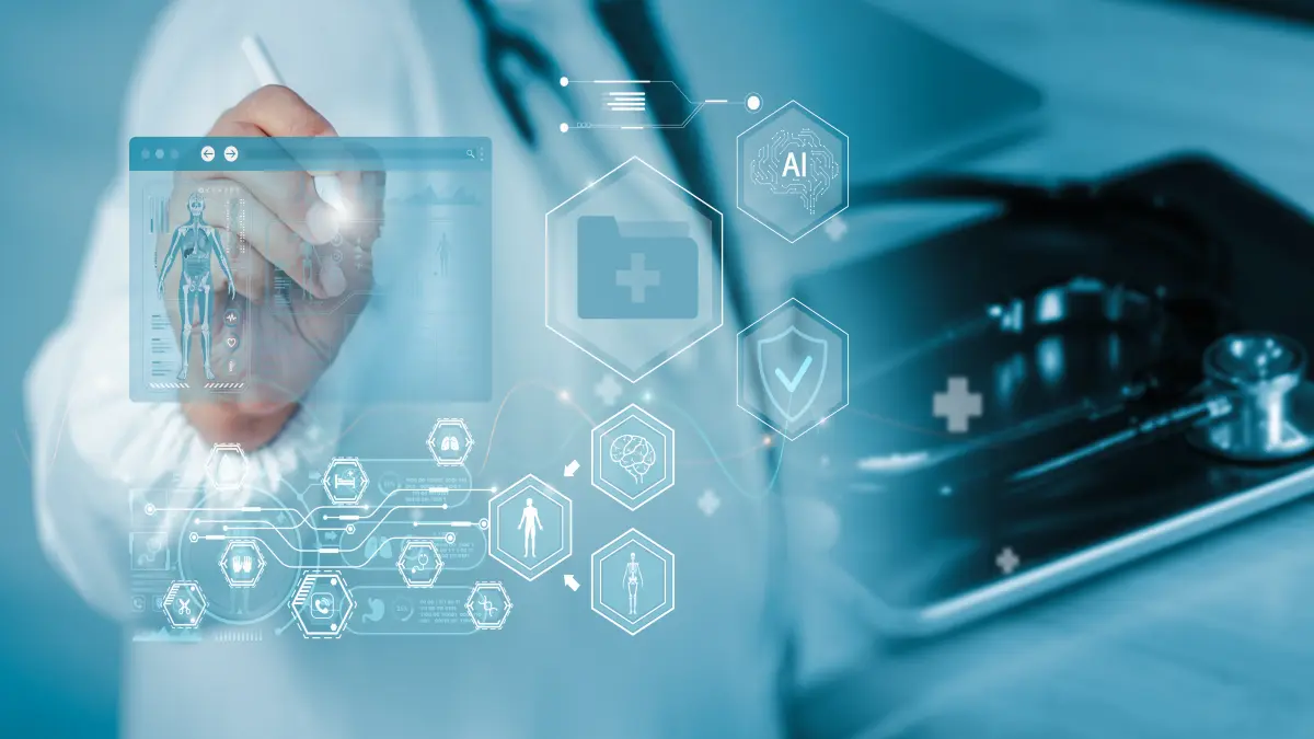 Arzt interagiert mit digitaler KI-gestützter medizinischer Benutzeroberfläche mit Symbolen für Patientenakte, Gehirn, Skelett und Datenschutz
