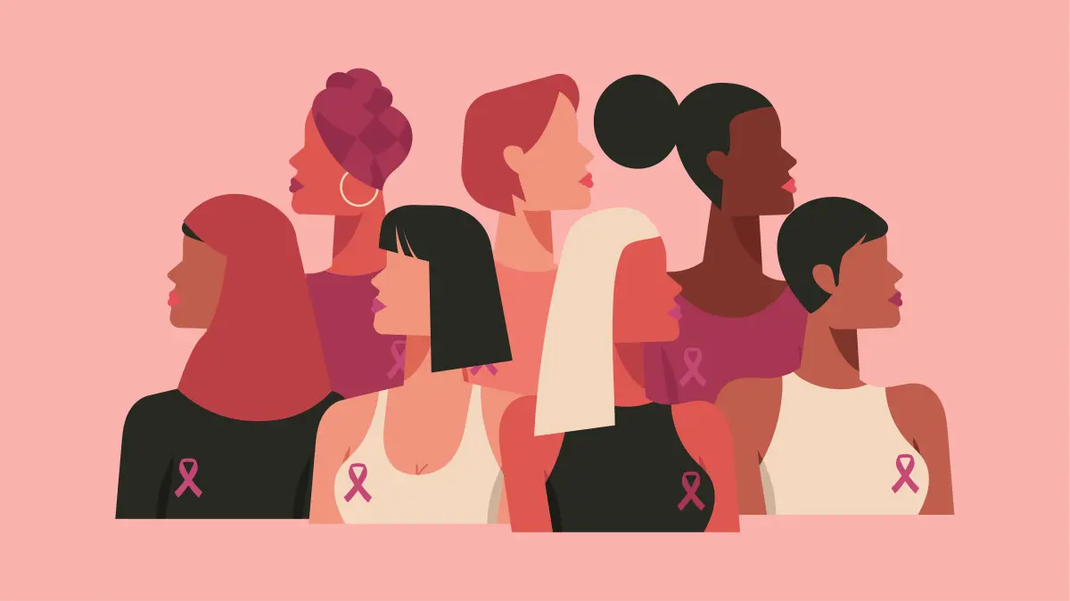Diverse Frauen mit rosa Brustkrebs-Schleife (Pink Ribbon) als Symbolbild für Mammakarzinom-Früherkennung und Solidarität