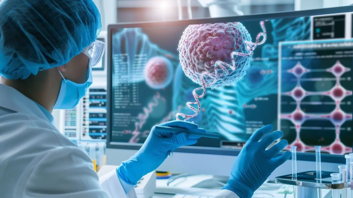 Wissenschaftler analysiert 3D-Tumorzelle mit DNA-Strang im Labor – Molekularpathologie fuer personalisierte Therapie in der Uroonkologie