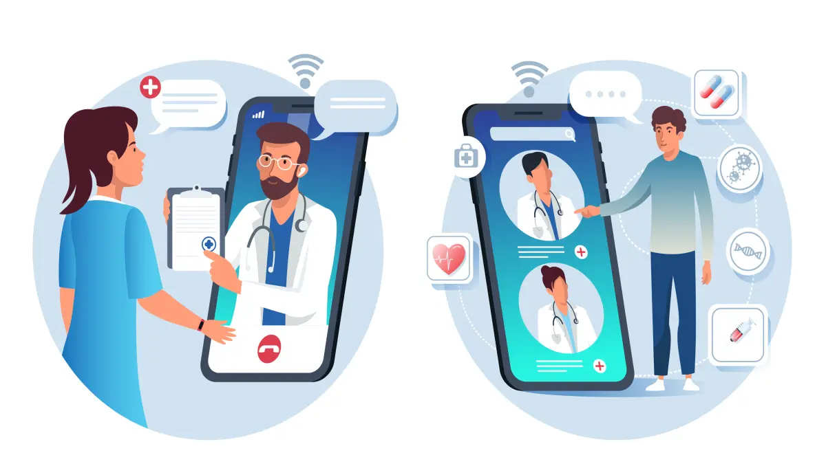 Patient und Patientin fuehren Online Arzt Konsultation per Smartphone durch