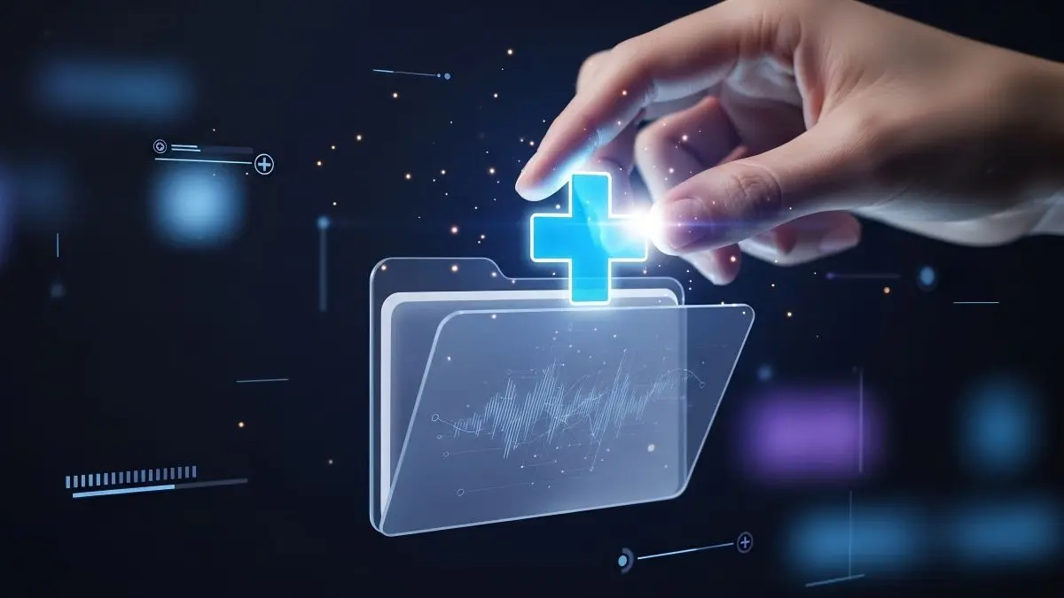 Hand beruehrt leuchtendes medizinisches Kreuz ueber digitaler Akte als Symbol fuer Pharmameldung und digitale Gesundheitsloesungen