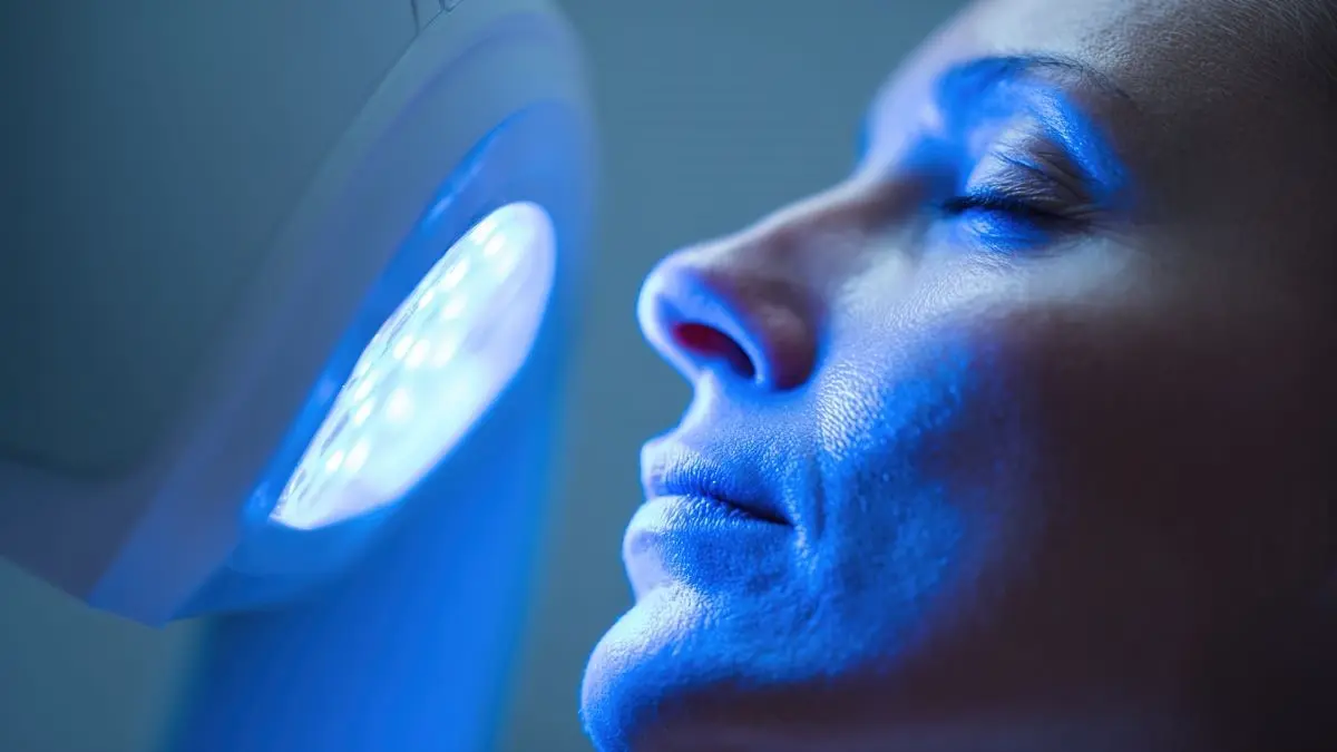 Person unter intensivem UV Licht fuer dermatologische Untersuchung als Symbol fuer Risiko und psychische Effekte