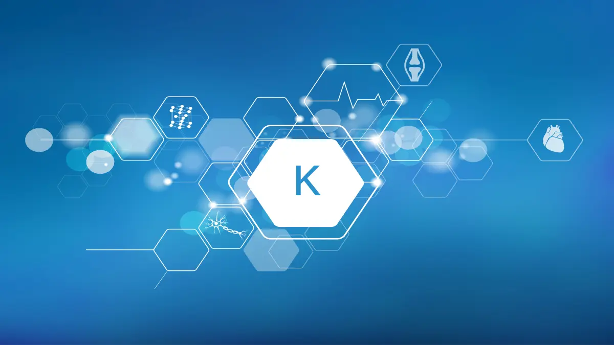 Digitale Illustration zu Vitamin K mit medizinischen Symbolen für Herz, Gelenk und Nervensystem