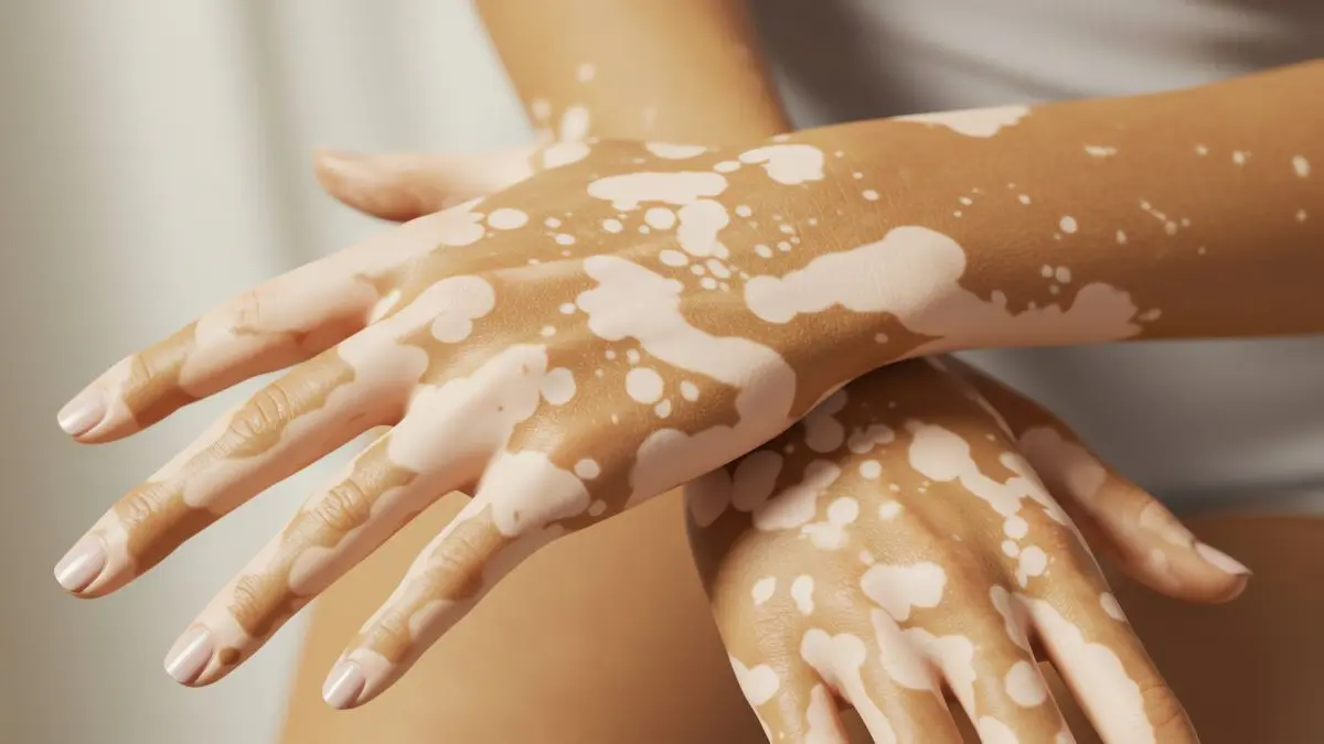 Haende mit weissen Depigmentierungsflecken als typisches Bild einer Vitiligo-Pigmenterkrankung