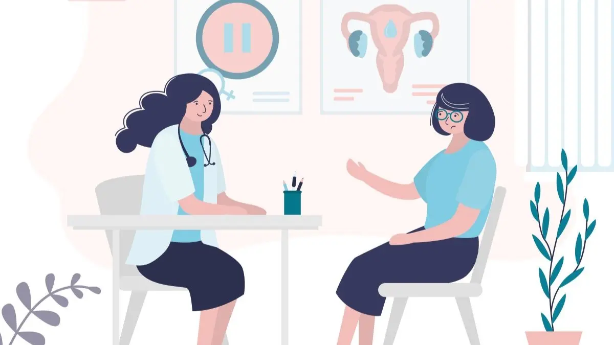 Illustration: Aertzin berät Patientin in gynäkologischer Praxis zu Wechseljahresbeschwerden – individuelle Begleitung in der Menopause