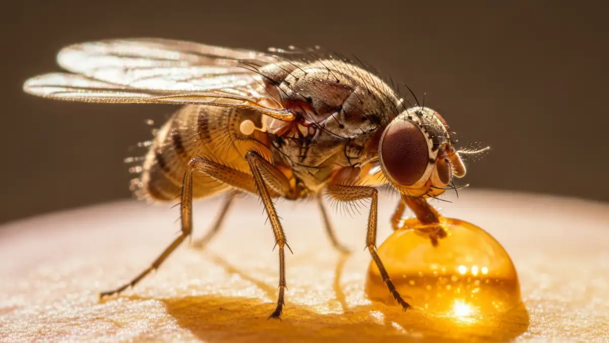 Drosophila melanogaster sitzt auf der Haut