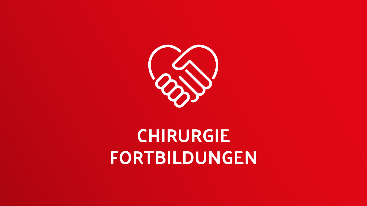 Zwei sich reichende Hände mit dem Text „Chirurgie Fortbildungen“ auf rotem Hintergrund.