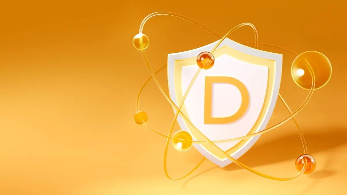 Illustration eines Schutzschilds mit dem Buchstaben D und orbitalen Elementen als Symbol fuer Vitamin D und Biofaktoren