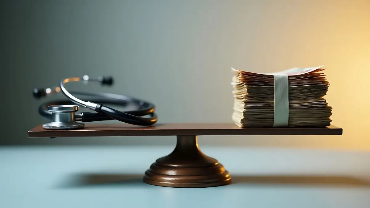 Stethoskop und Geldscheinstapel auf einer Waage als Symbol fuer Ungleichgewicht zwischen medizinischer Versorgung und politischer Finanzierung