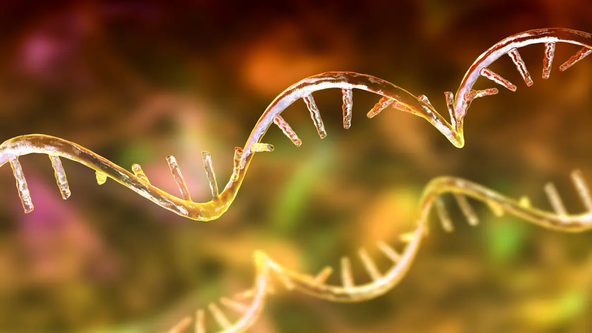 3D-Illustration einer DNA-Doppelhelix in Gold- und Rottönen vor unscharfem biologischem Hintergrund
