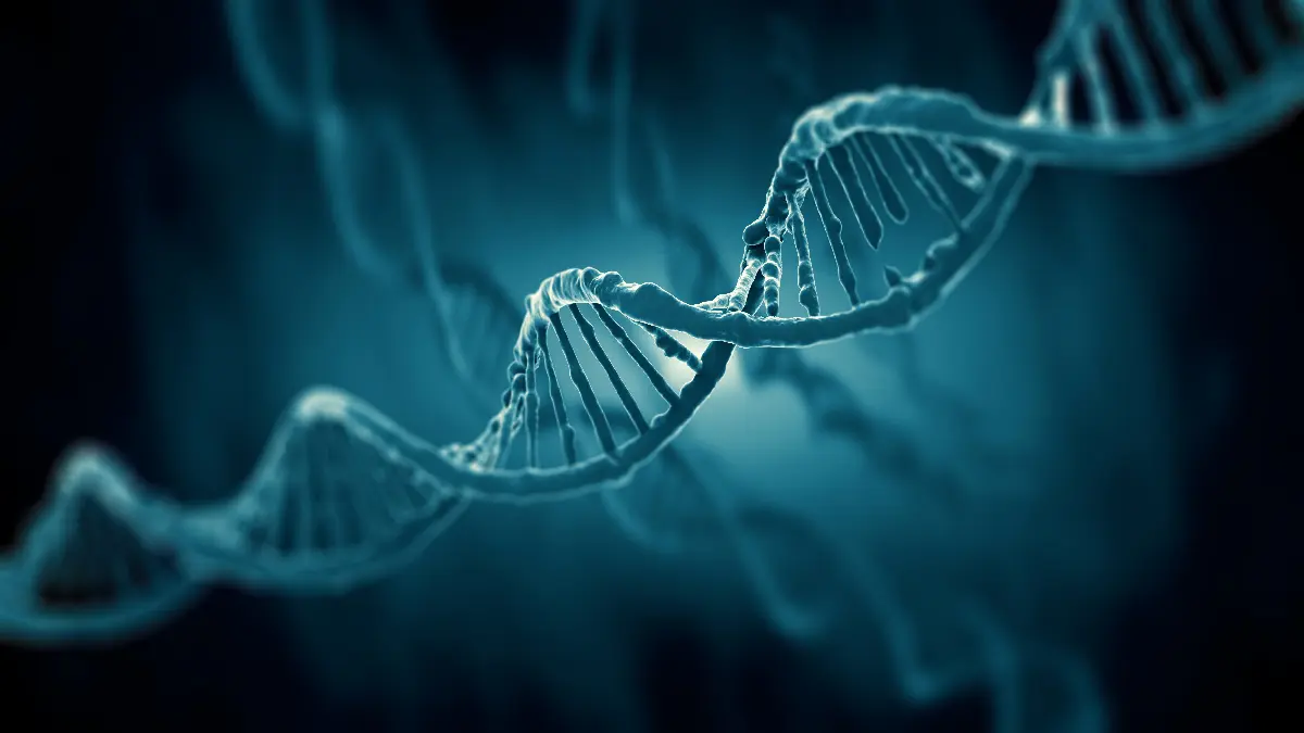 3D‑Darstellung einer DNA‑Doppelhelix in blauer Farbgebung