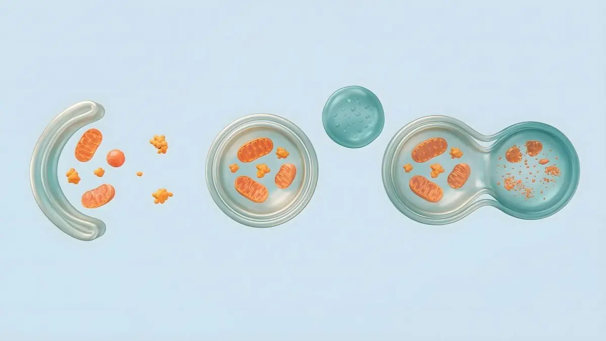 Illustration einer Tumorzelle mit Mitochondrien und Zellteilungsprozess als Symbol fuer therapieresistentes HR+/HER2- Mammakarzinom