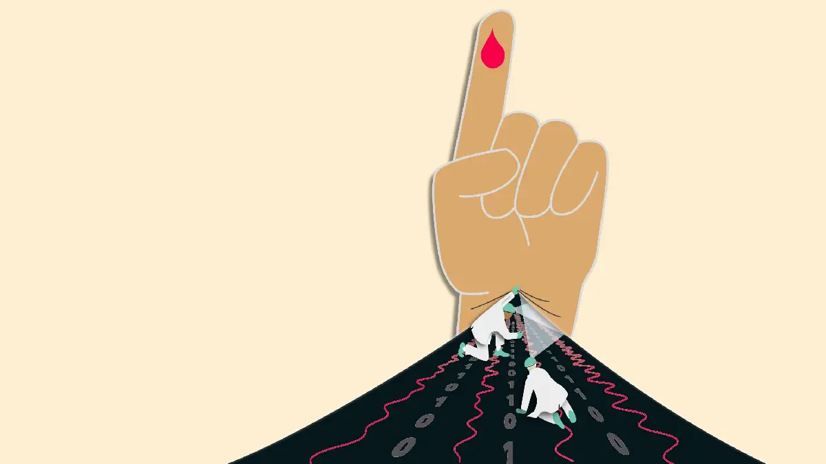 Illustration eines Fingers mit Bluttropfen und Forschenden auf digitalem Datenpfad als Symbol fuer KI-gestuetzte Blutdiagnostik