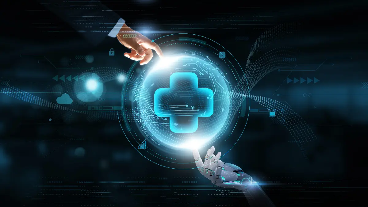Menschliche Hand und Roboterhand beruehren digitales medizinisches Symbol als Darstellung von KI in der Medizin