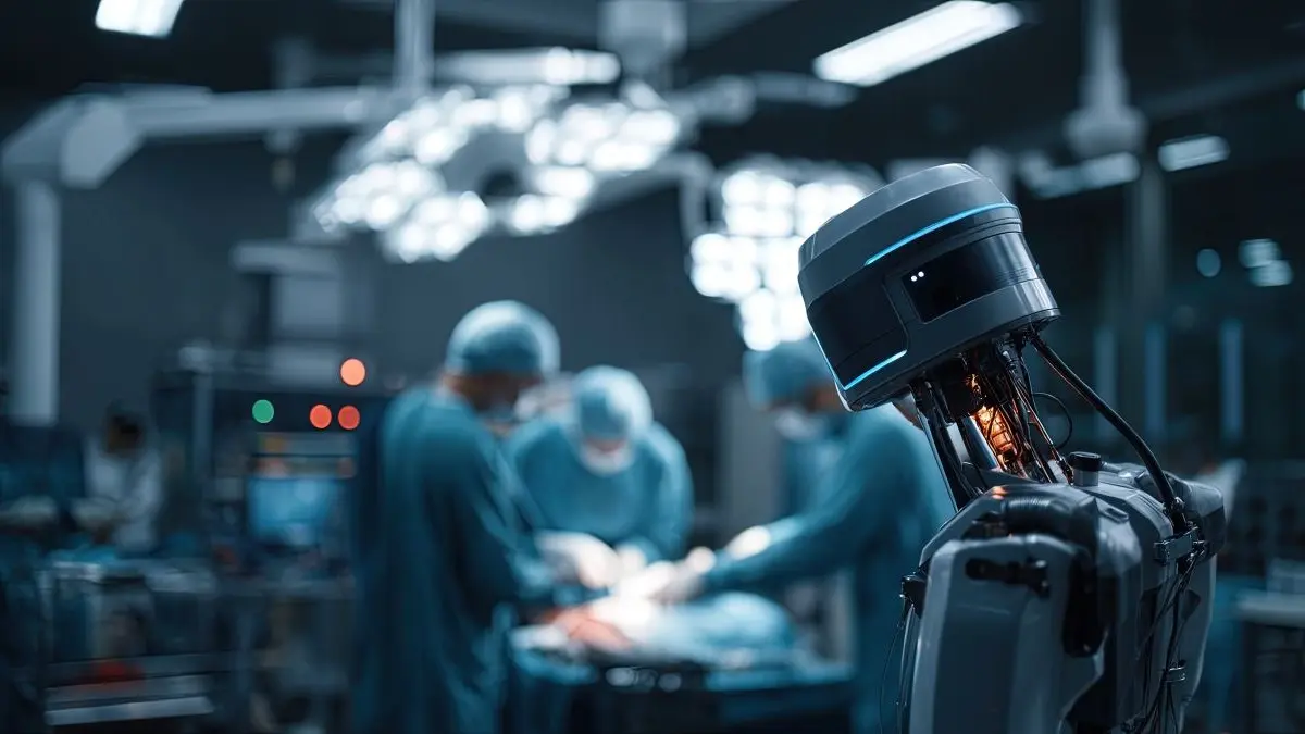 Roboterassistiertes Operationssystem im OP, OP-Team im Hintergrund, Symbolbild fuer intraoperatives Fluessigkeitsmanagement bei RARP