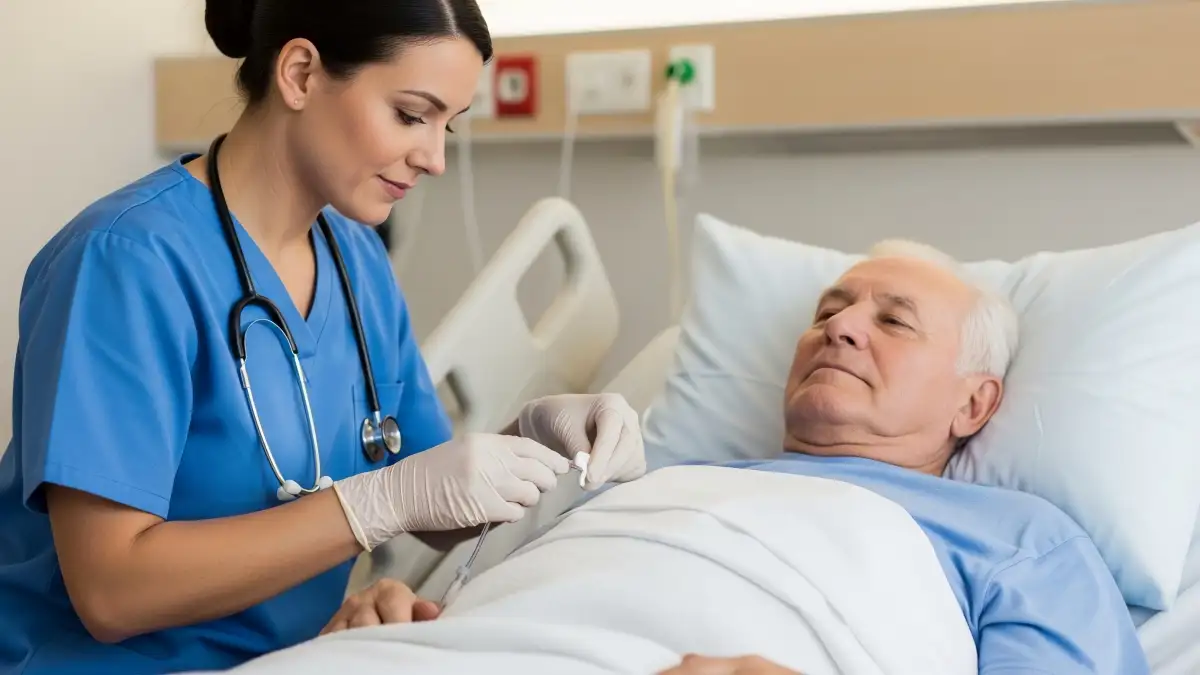 Eine Krankenschwester im blauen Kasak mit Stethoskop um den Hals misst den Blutzucker bei einem älteren Mann im Krankenhausbett.