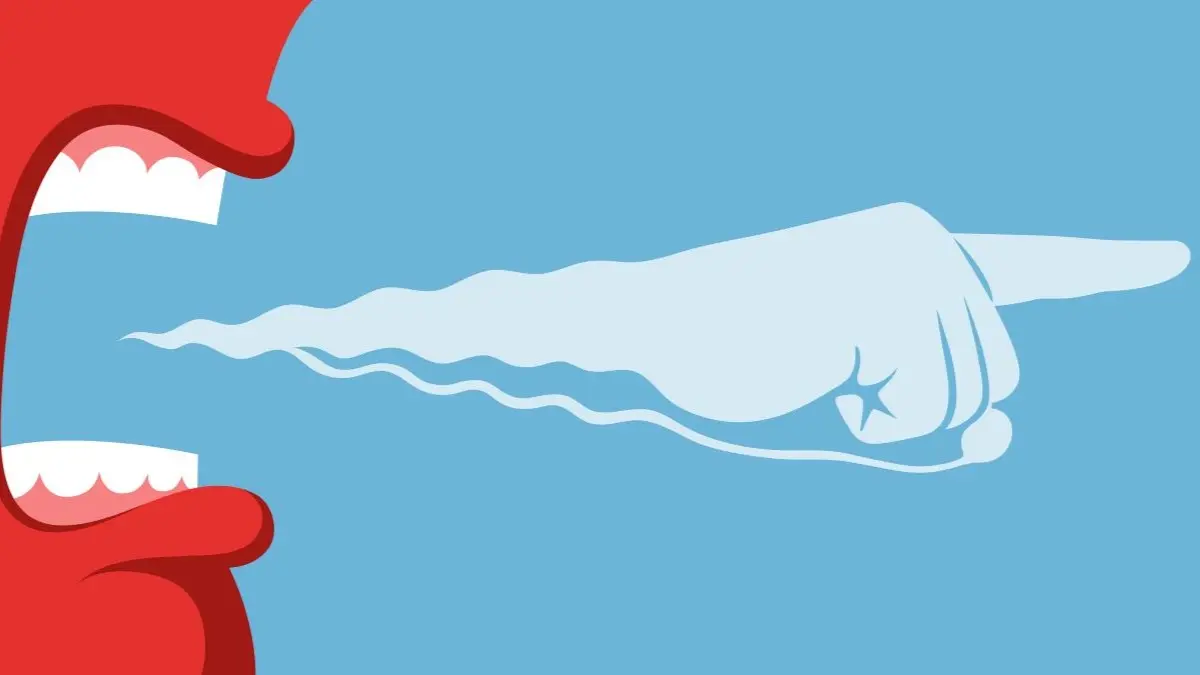 Illustration eines laut rufenden Mundes, aus dem ein anklagender Zeigefinger zeigt, als Symbol dafuer, dass der BVDD die Social Media Werbung des BMG kritisiert