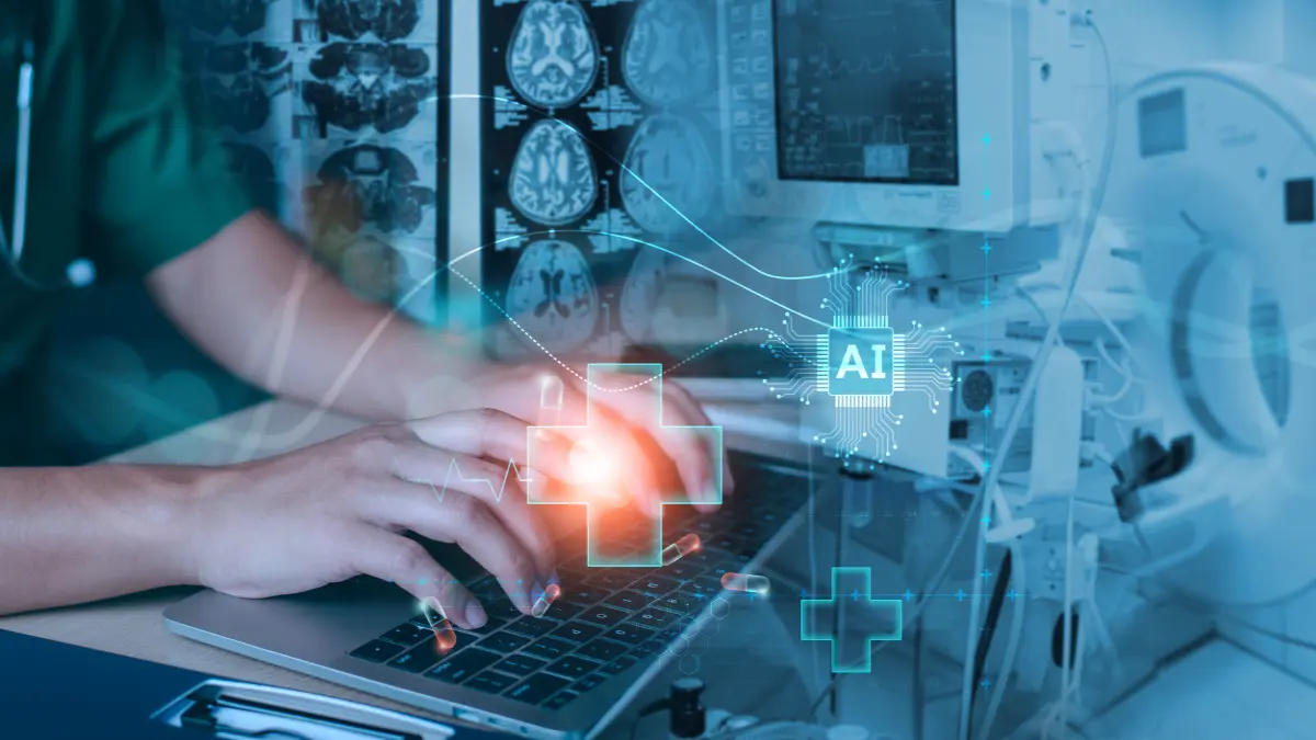 Medizinische Fachkraft, die auf einem Laptop tippt, überlagert mit einem Netzwerk aus Gehirnscans und medizinischen Daten. KI, großer medizinischer Scanner, CT und MRT im Hintergrund.