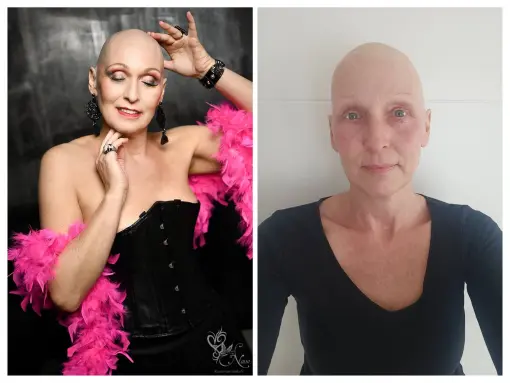 Vorher-nachher-Portraet einer Frau als Collage mit professionellem Mutmacher-Fotoshooting und natuerlicher Aufnahme