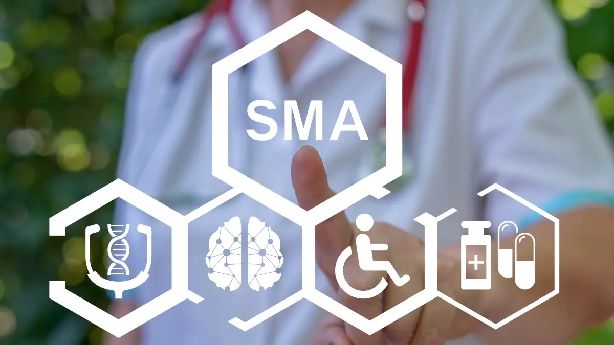 Arzt benutzt einen virtuellen Touchscreen und tippt auf die Abkürzung: SMA