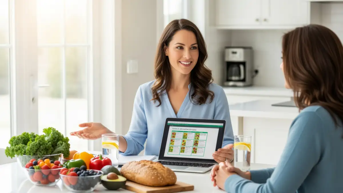 Zwei Frauen sitzen an einem Tisch voller gesunder Lebensmittel und schauen auf einen Ernährungsplan im Computer