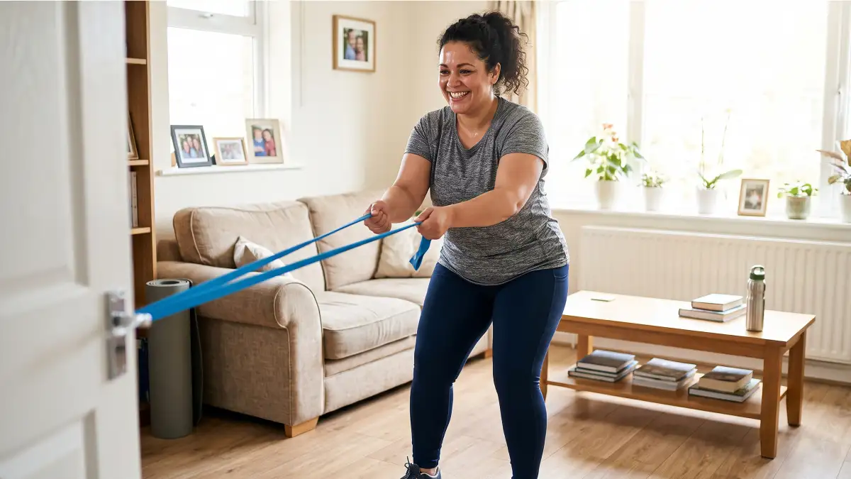 Frau in Sportkleidung arbeitet mit einem elastischen Band zu Hause