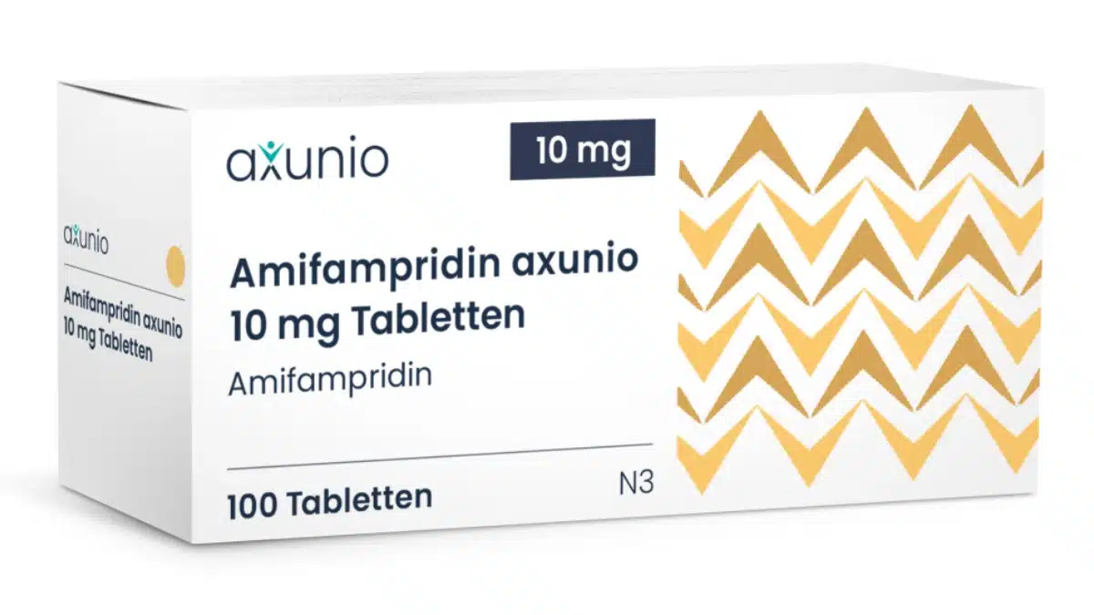 Packung Amifampridin axunio 10 mg Tabletten zur Behandlung des Lambert-Eaton-Myasthenischen Syndroms