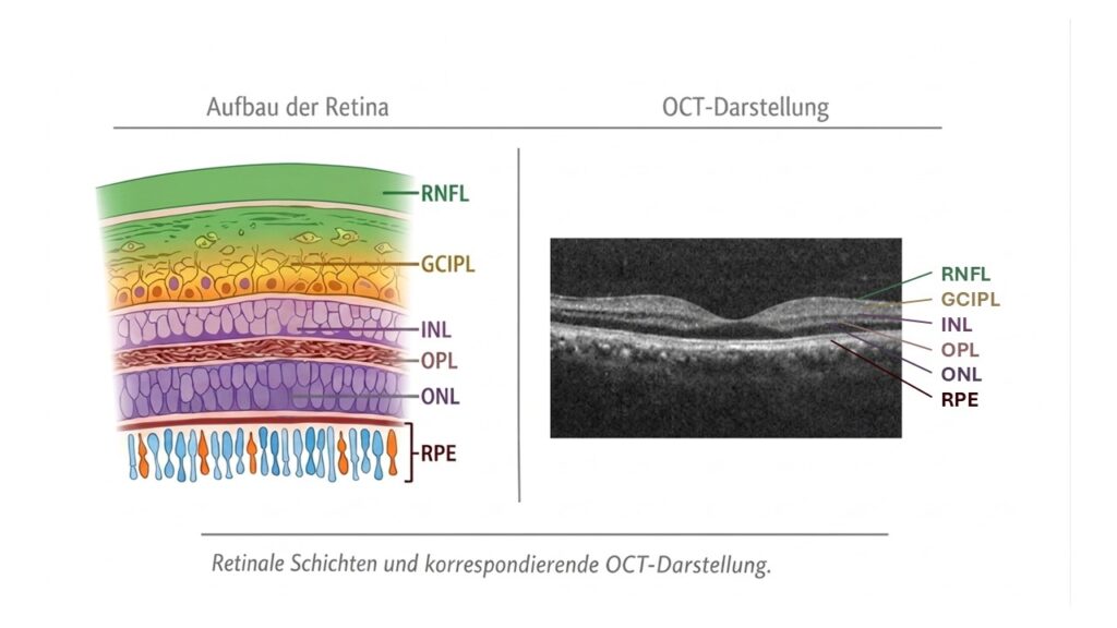 Abb. 1: Schematischer Aufbau der Retina und korrespondierende Darstellung in der optischen Kohärenztomographie (OCT) im makulären B-Scan. Die OCT ermöglicht eine differenzierte Analyse einzelner retinaler Schichten wie der Nervenfaserschicht (RNFL), des Ganglienzellkomplexes (GCIPL) sowie innerer und äußerer Netzhautschichten. Eigene Darstellung, erstellt mit Unterstützung künstlicher Intelligenz.