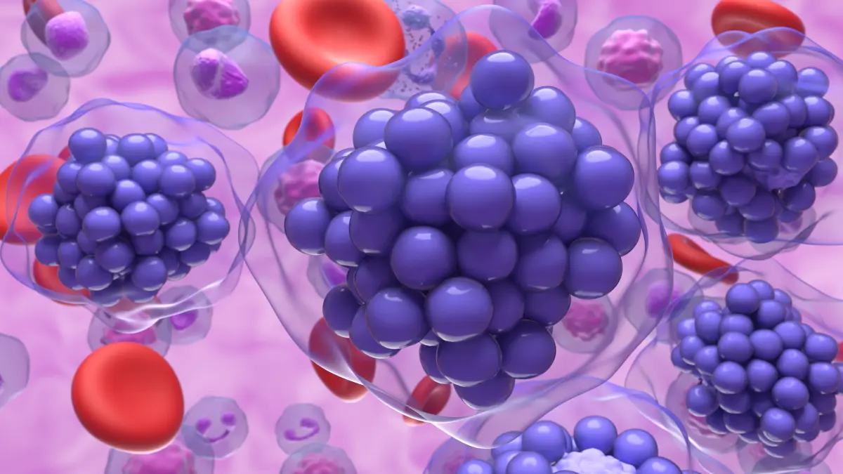 3D-Illustration mehrerer Zellcluster im Blut als Symbolbild fuer aggressives diffuses grosszelliges B-Zell-Lymphom DLBCL
