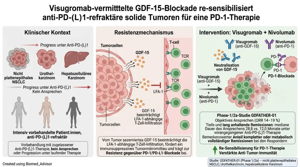 Grafische Uebersicht zum Wirkmechanismus von GDF-15 und zur Kombination aus Visugromab und Nivolumab bei PD-1-reaktionslosen soliden Tumoren