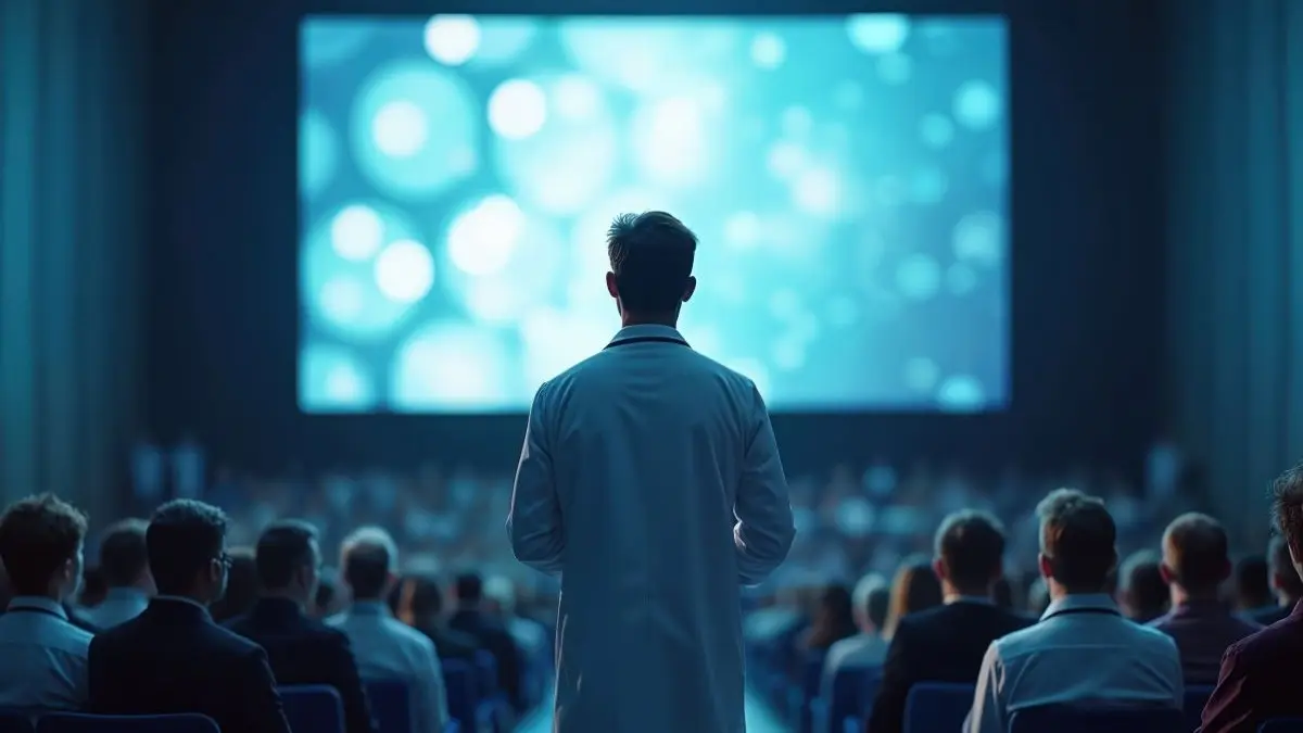 Arzt im Kongresssaal steht vor grosser Leinwand und praesentiert Studiendaten zu Kombinationsregimen in der Uro Onkologie auf dem ASCO 2026