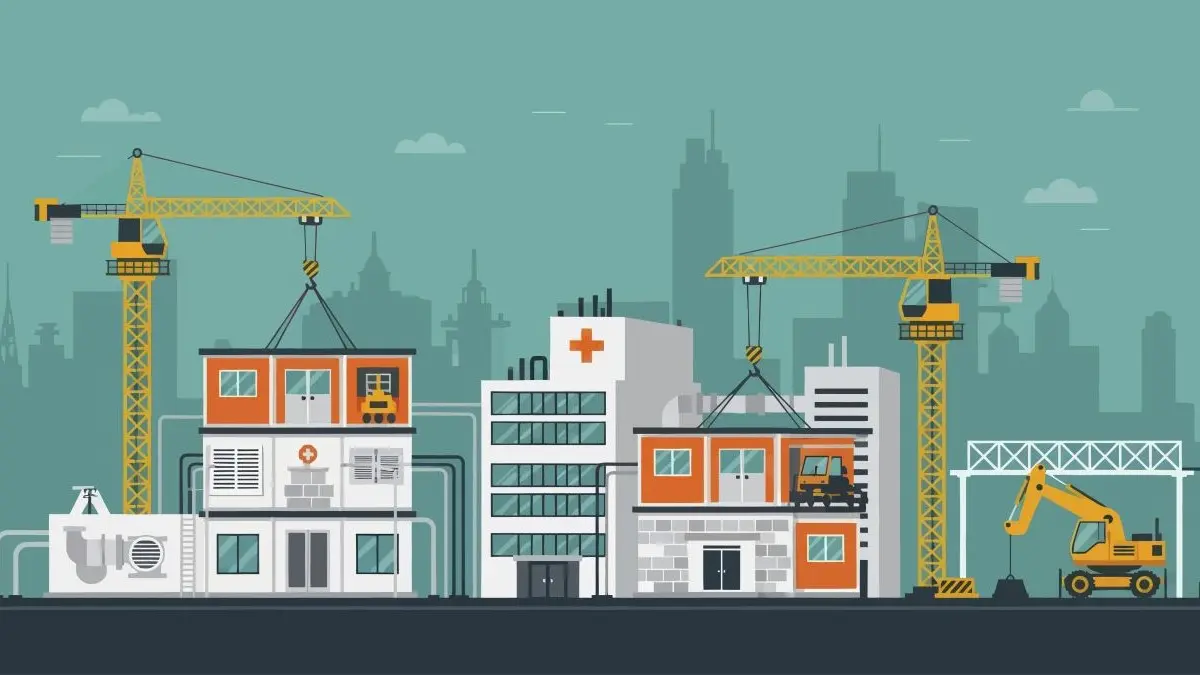 Illustration eines Krankenhauskomplexes mit Baustellenkraenen und unfertigen Gebaeudeteilen als Symbol dafuer, dass die Bundeslaender weiter an Krankenhaeusern sparen