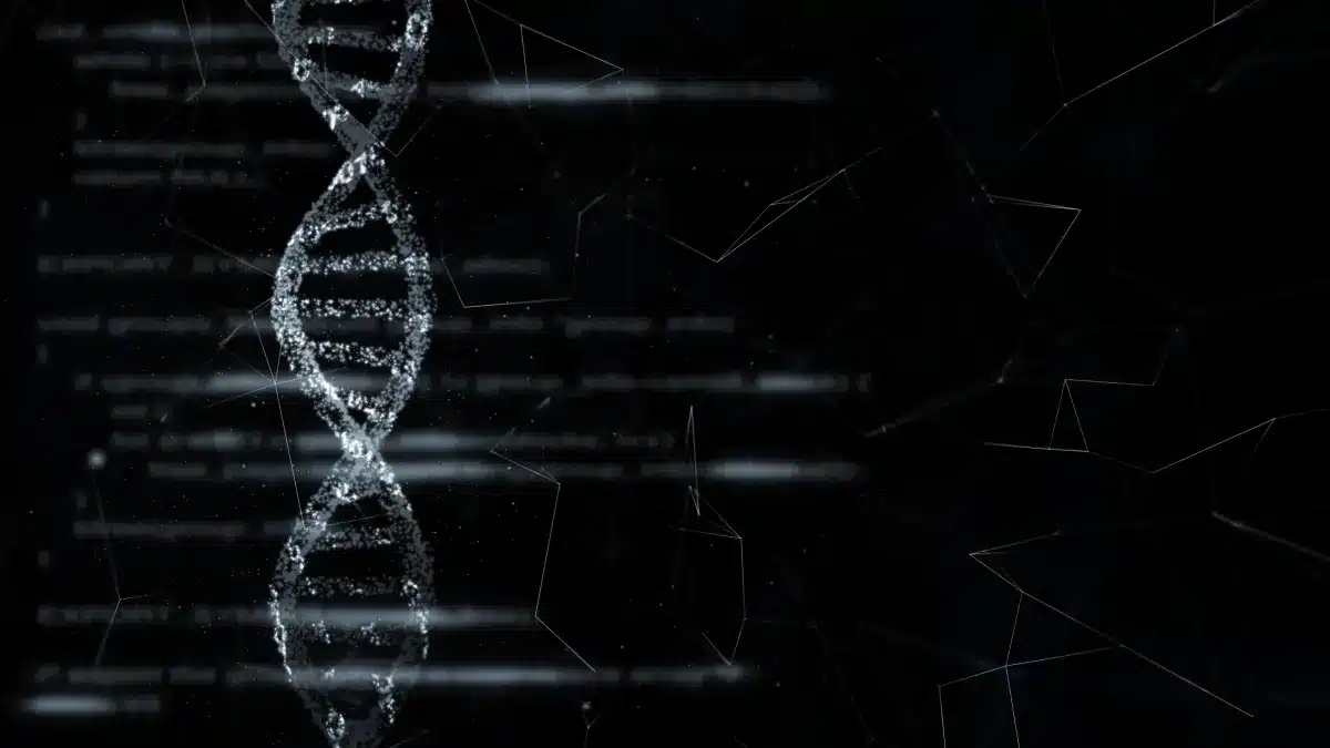Abstrakte leuchtende DNA-Doppelhelix vor dunklem Hintergrund als Symbolbild fuer ctDNA und Liquid-Biopsy bei urologischen Tumoren