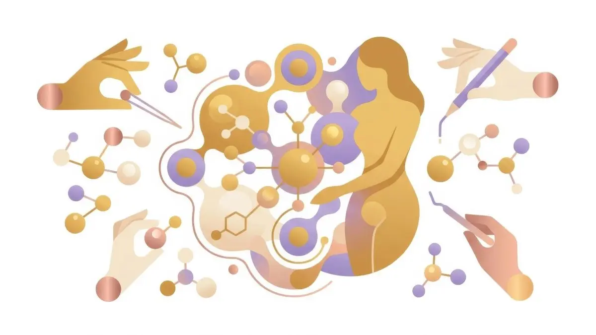 Abstrakte Illustration einer Frau umgeben von Hormon Molekuelen und forschenden Haenden als Symbol fuer hormonelle Gesundheit als Longevity Faktor