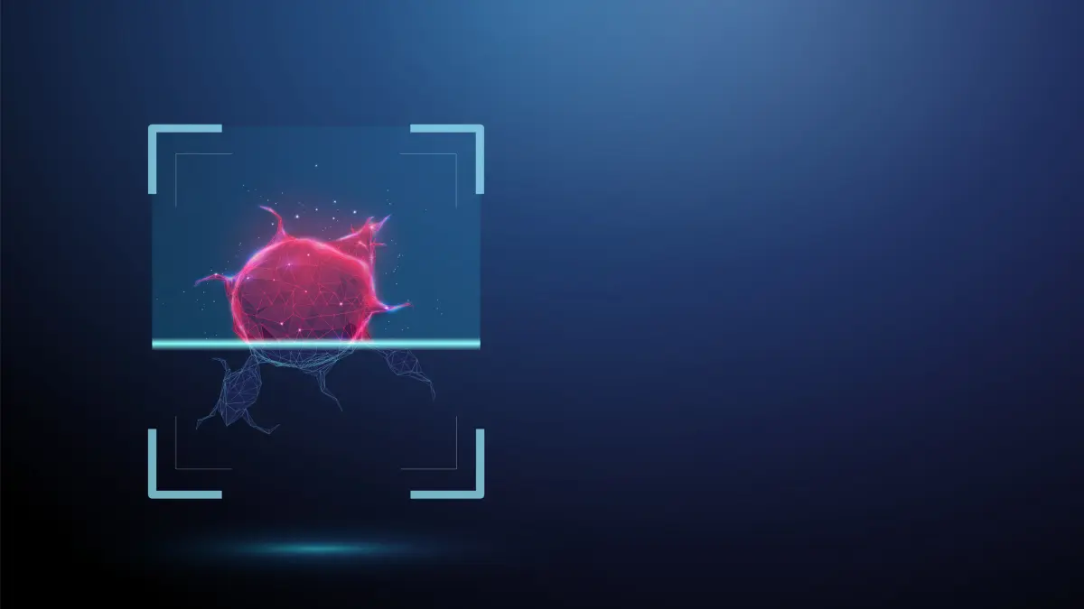 Digitale 3D-Illustration einer rot leuchtenden Tumorzelle in einem Fokusraster als Symbolbild fuer Infrarotbildgebung und Alpha-Therapie gegen Sarkome