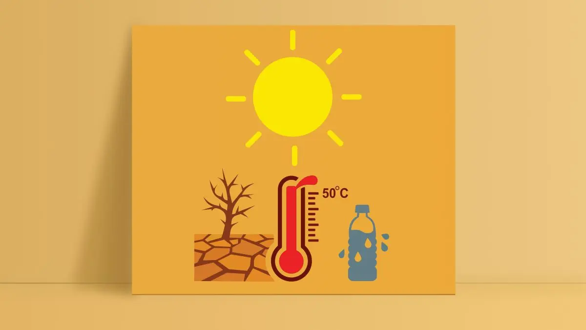 Grafik mit greller Sonne, verdorrtem Boden, Thermometer bei 50 Grad und Wasserflasche als Symbol fuer die Initiative Apotheken als Hitzeschutzinseln