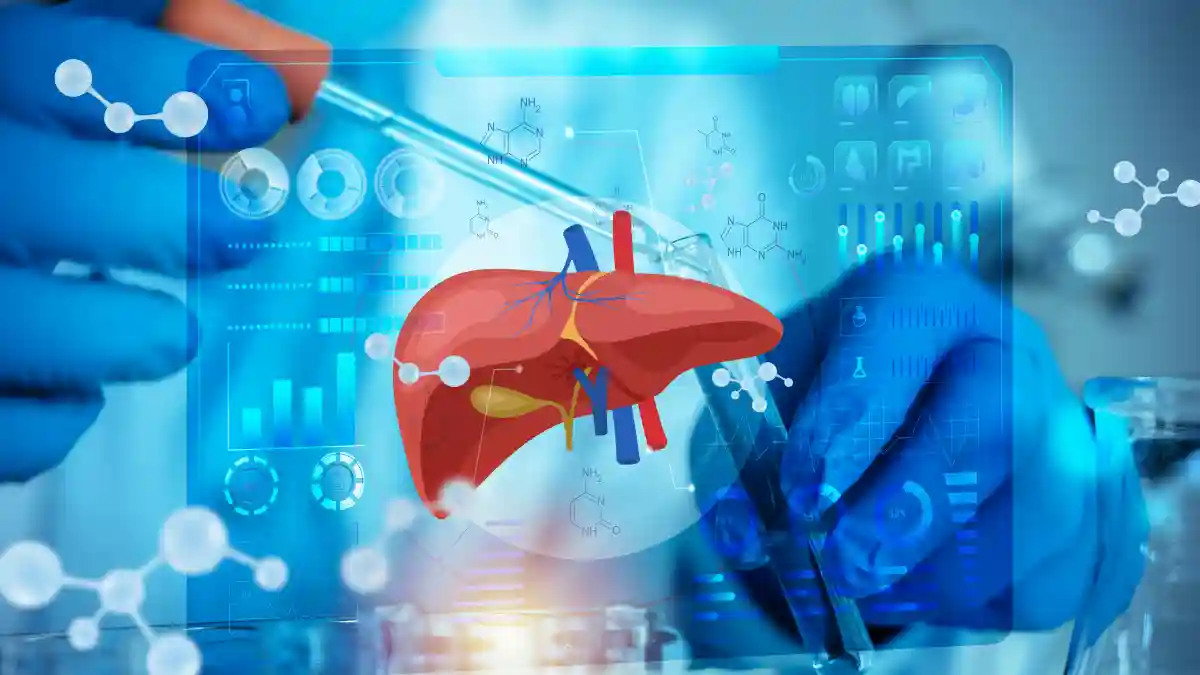 Auf dem Bild ist ein digitales Leberhologramm zu sehen, darum herum sind verschiedene Werte und Diagramme zu sehen, im Hintergrund wird eine Pipette befüllt.
